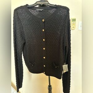 BCBGMaxAzria Crew Neck Long Sleeve Button Front Cardigan with Gold Accents. Sz L